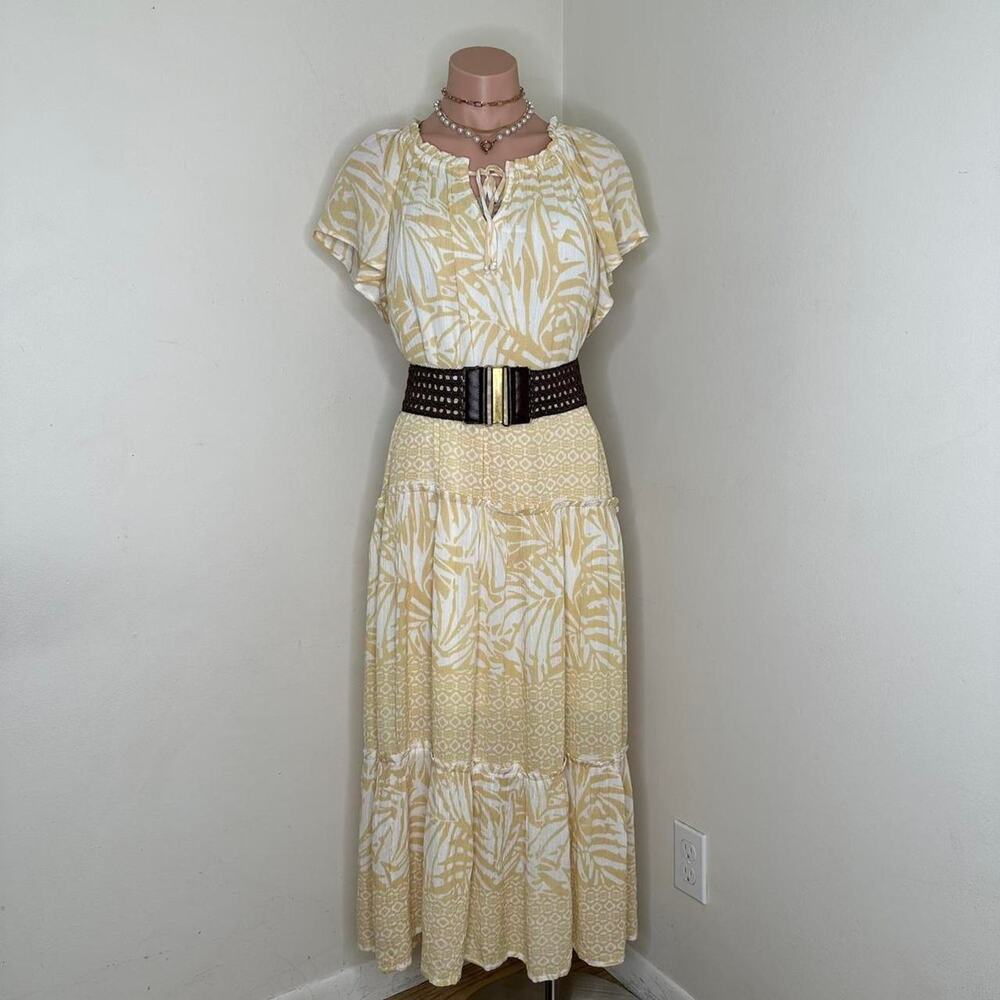 Womens Maxi Dress Small Floral Yellow Cream Long Summer Boho Cottage